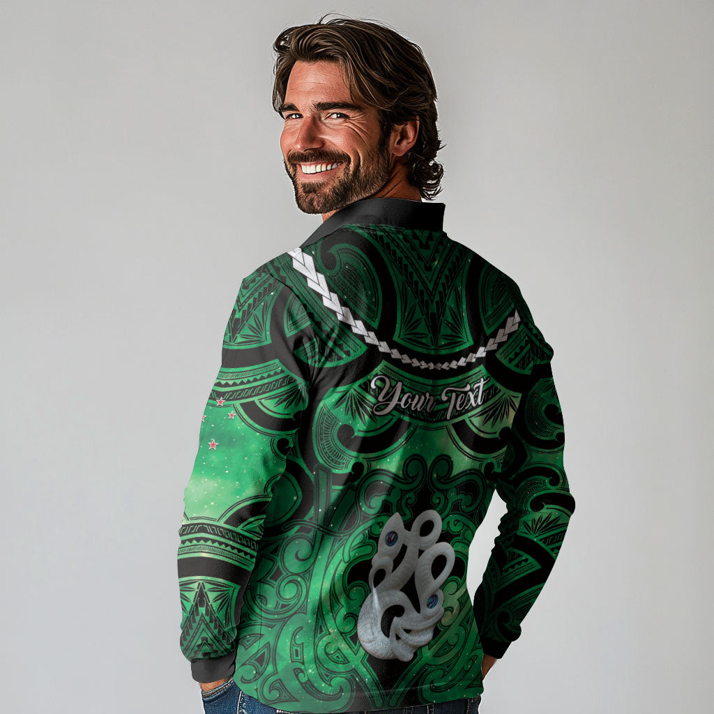 Personalised Maori Matariki Manaia Kakariki Long Sleeve Polo Shirt Maori Kowhaiwhai Pattern Galaxy