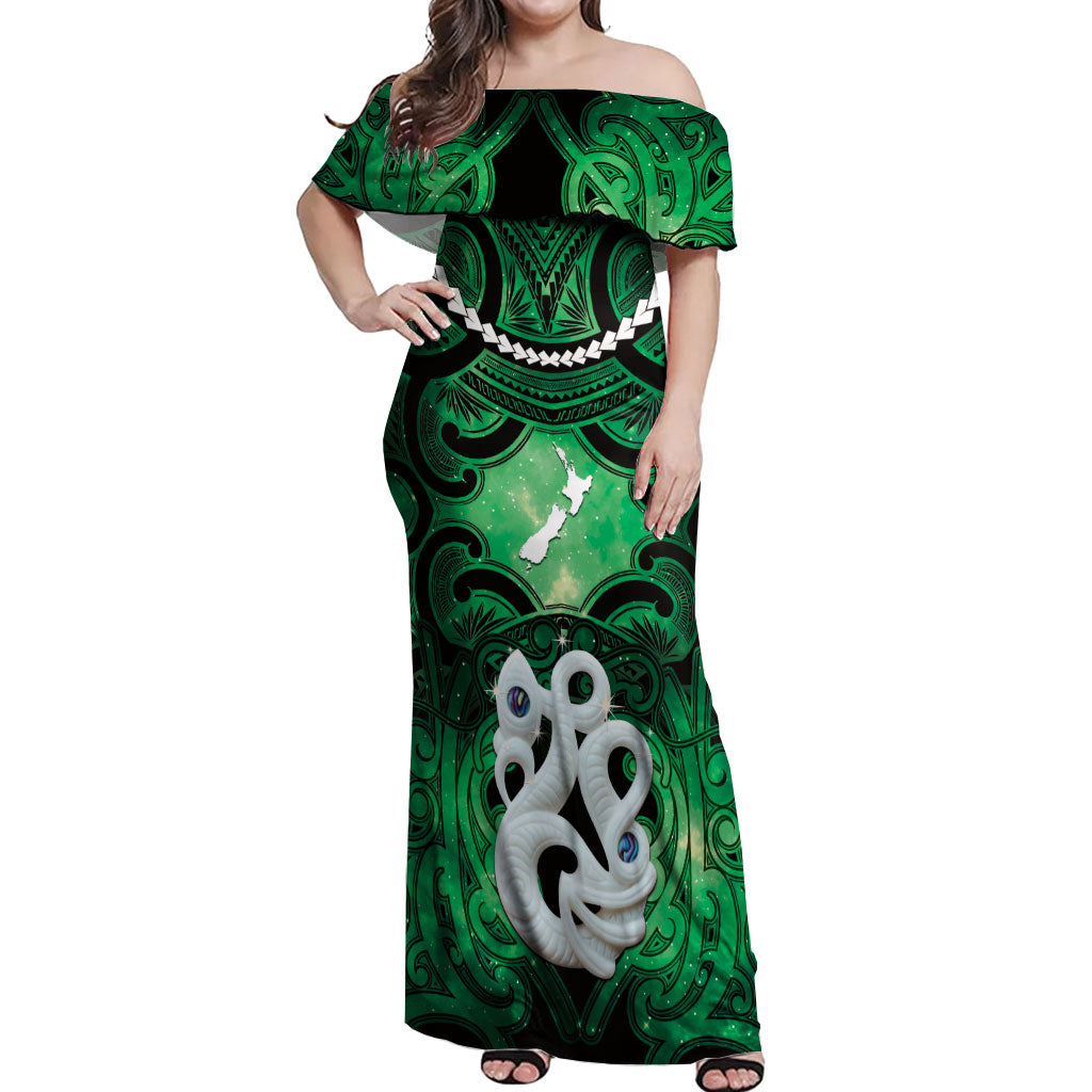 Personalised Maori Matariki Manaia Kakariki Off Shoulder Maxi Dress Maori Kowhaiwhai Pattern Galaxy