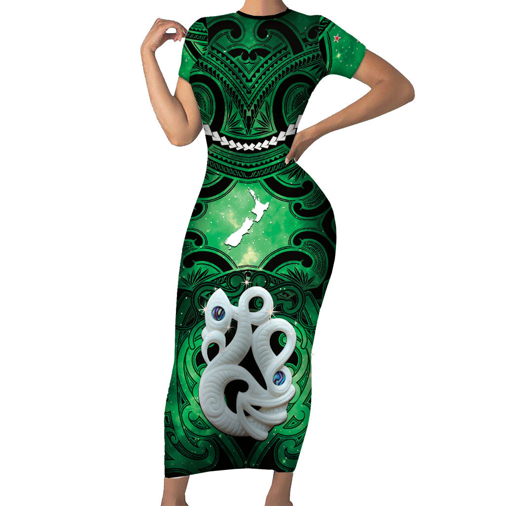 Personalised Maori Matariki Manaia Kakariki Short Sleeve Bodycon Dress Maori Kowhaiwhai Pattern Galaxy LT01 Long Dress Green - Polynesian Pride