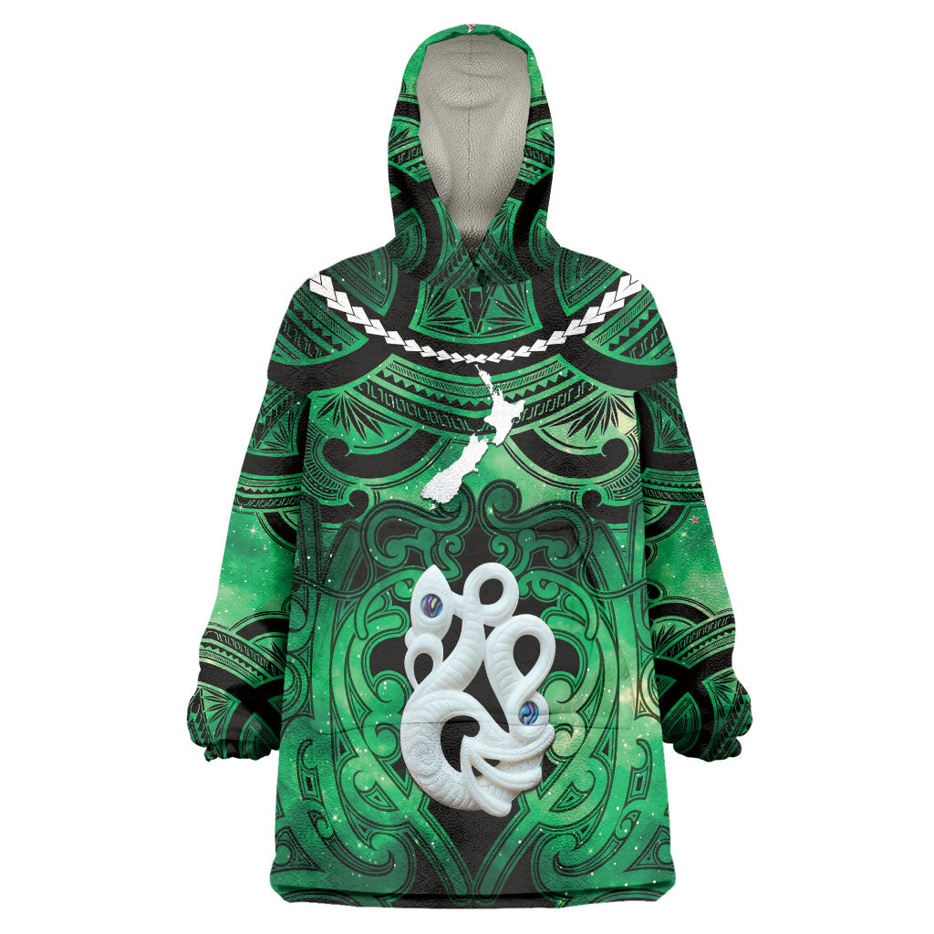 Personalised Maori Matariki Manaia Kakariki Wearable Blanket Hoodie Maori Kowhaiwhai Pattern Galaxy LT01 One Size Green - Polynesian Pride