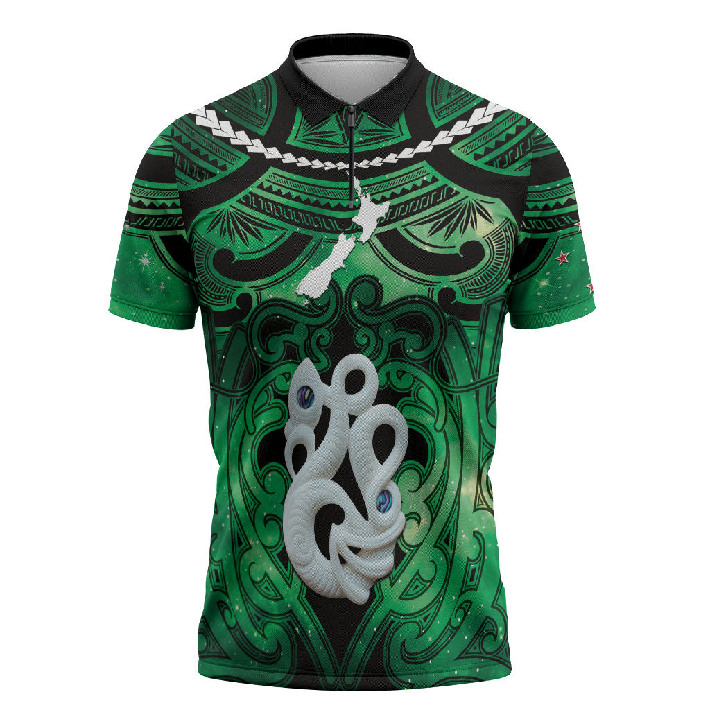Personalised Maori Matariki Manaia Kakariki Zipper Polo Shirt Maori Kowhaiwhai Pattern Galaxy