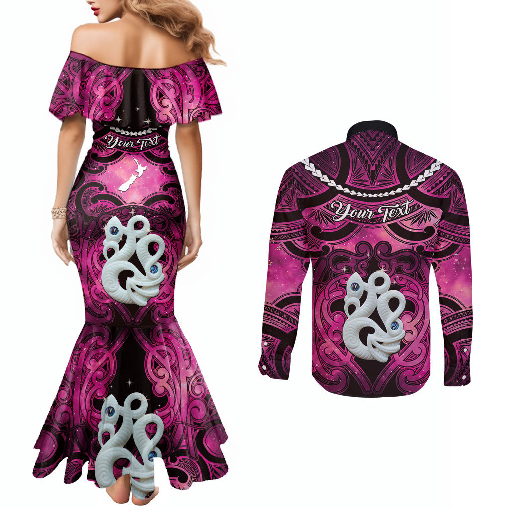 Personalised Maori Matariki Manaia Mawhero Couples Matching Mermaid Dress and Long Sleeve Button Shirt Maori Kowhaiwhai Pattern Galaxy