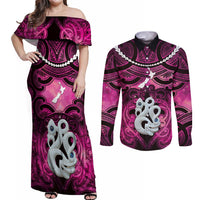 Personalised Maori Matariki Manaia Mawhero Couples Matching Off Shoulder Maxi Dress and Long Sleeve Button Shirt Maori Kowhaiwhai Pattern Galaxy