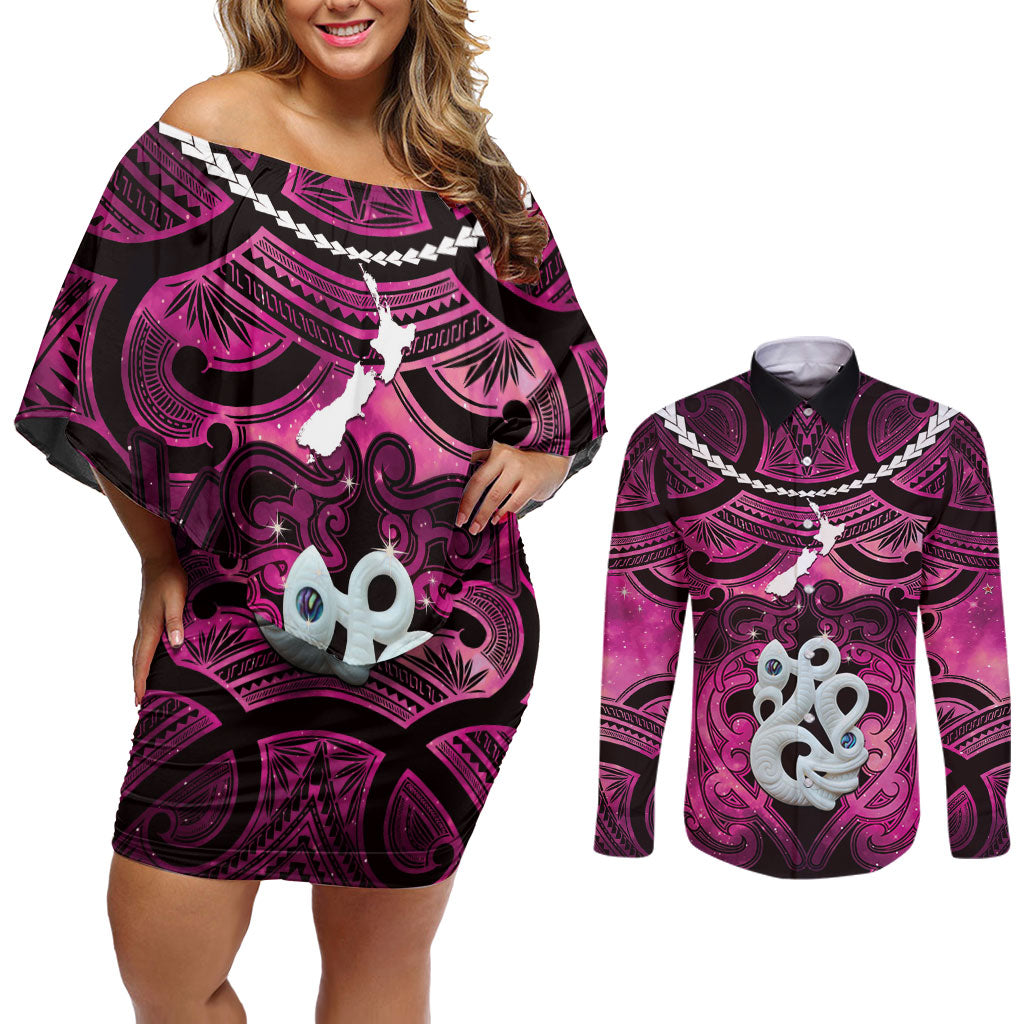 Personalised Maori Matariki Manaia Mawhero Couples Matching Off Shoulder Short Dress and Long Sleeve Button Shirt Maori Kowhaiwhai Pattern Galaxy