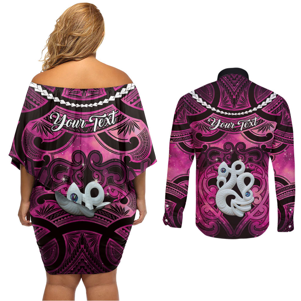Personalised Maori Matariki Manaia Mawhero Couples Matching Off Shoulder Short Dress and Long Sleeve Button Shirt Maori Kowhaiwhai Pattern Galaxy