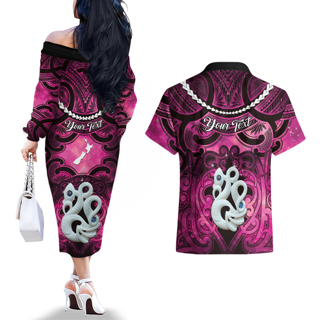 Personalised Maori Matariki Manaia Mawhero Couples Matching Off The Shoulder Long Sleeve Dress and Hawaiian Shirt Maori Kowhaiwhai Pattern Galaxy