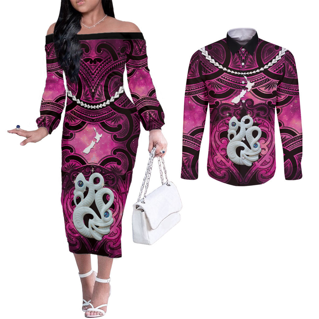 Personalised Maori Matariki Manaia Mawhero Couples Matching Off The Shoulder Long Sleeve Dress and Long Sleeve Button Shirt Maori Kowhaiwhai Pattern Galaxy