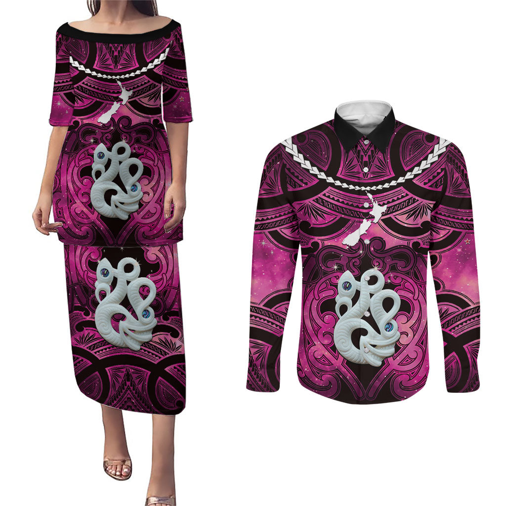 Personalised Maori Matariki Manaia Mawhero Couples Matching Puletasi and Long Sleeve Button Shirt Maori Kowhaiwhai Pattern Galaxy