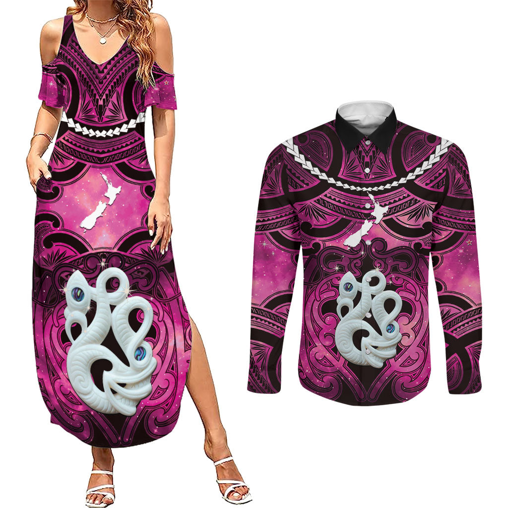 Personalised Maori Matariki Manaia Mawhero Couples Matching Summer Maxi Dress and Long Sleeve Button Shirt Maori Kowhaiwhai Pattern Galaxy