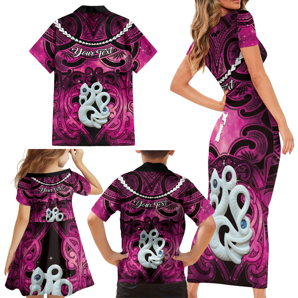 Personalised Maori Matariki Manaia Mawhero Family Matching Short Sleeve Bodycon Dress and Hawaiian Shirt Maori Kowhaiwhai Pattern Galaxy