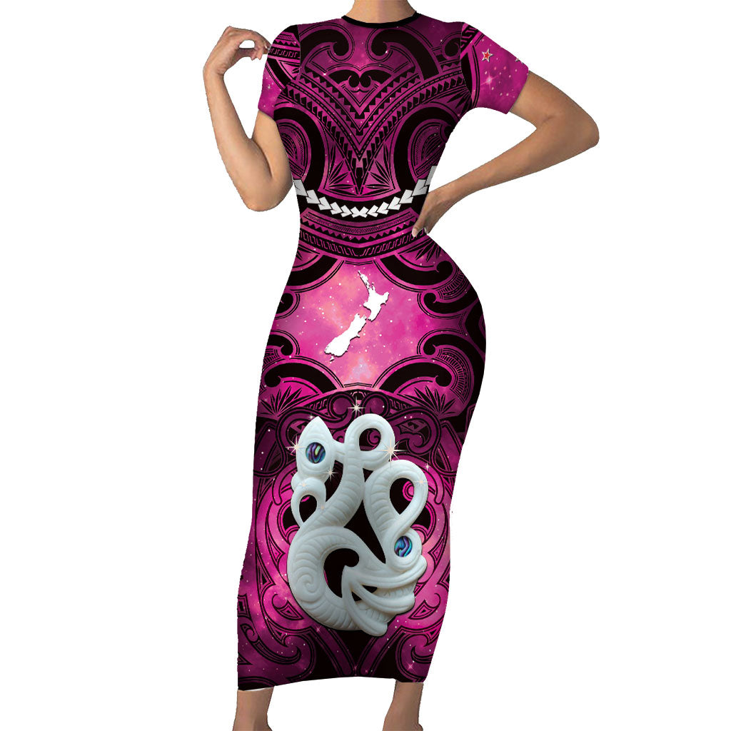 Personalised Maori Matariki Manaia Mawhero Family Matching Short Sleeve Bodycon Dress and Hawaiian Shirt Maori Kowhaiwhai Pattern Galaxy