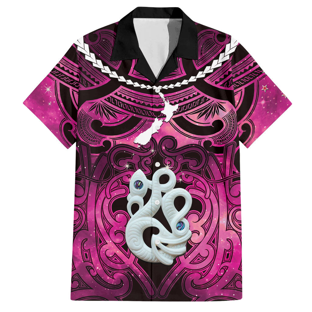 Personalised Maori Matariki Manaia Mawhero Hawaiian Shirt Maori Kowhaiwhai Pattern Galaxy LT01 Pink - Polynesian Pride