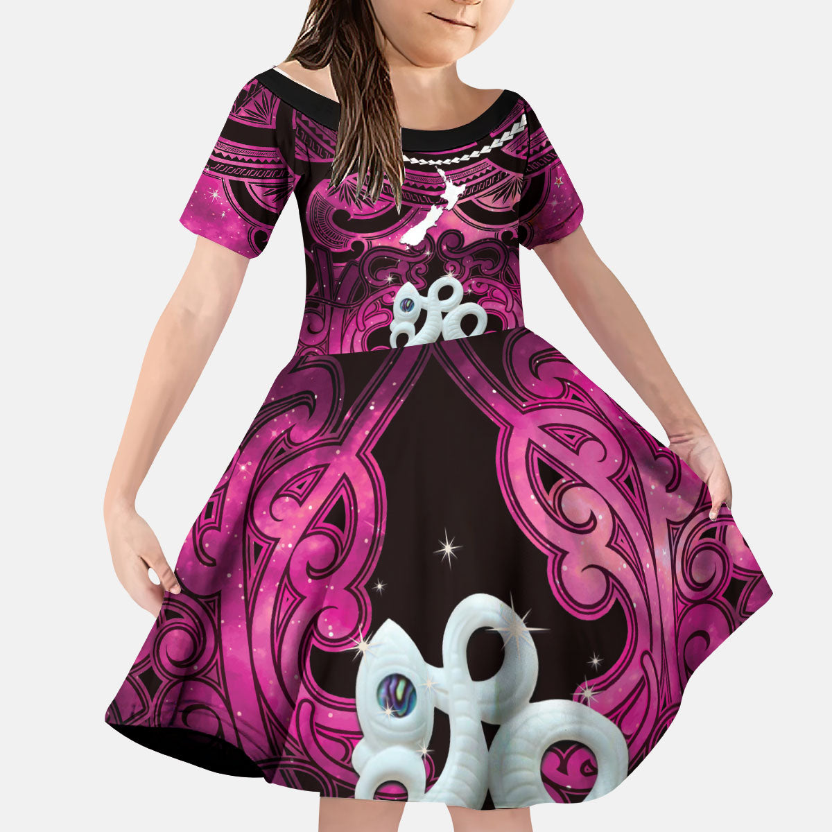 Personalised Maori Matariki Manaia Mawhero Kid Short Sleeve Dress Maori Kowhaiwhai Pattern Galaxy LT01 KID Pink - Polynesian Pride