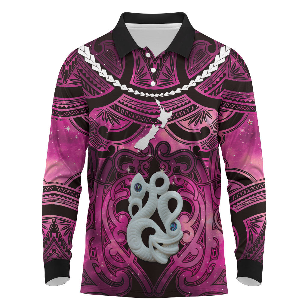 Personalised Maori Matariki Manaia Mawhero Long Sleeve Polo Shirt Maori Kowhaiwhai Pattern Galaxy