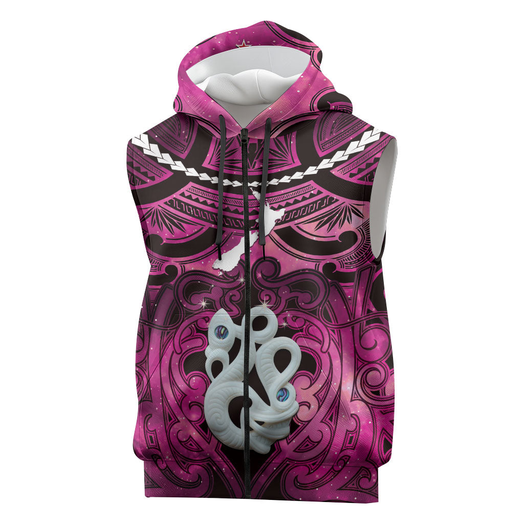 Personalised Maori Matariki Manaia Mawhero Sleeveless Zip Hoodie Maori Kowhaiwhai Pattern Galaxy LT01 Pink - Polynesian Pride