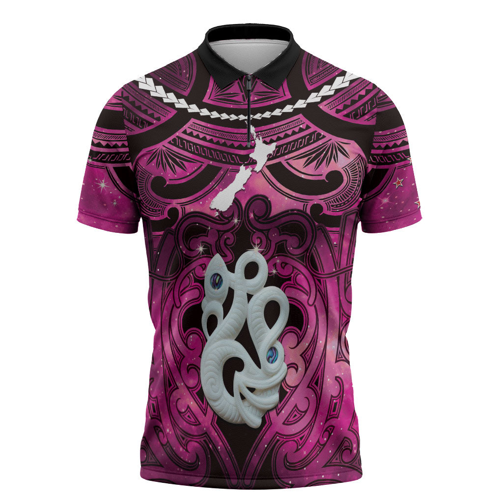 Personalised Maori Matariki Manaia Mawhero Zipper Polo Shirt Maori Kowhaiwhai Pattern Galaxy LT01 Pink - Polynesian Pride