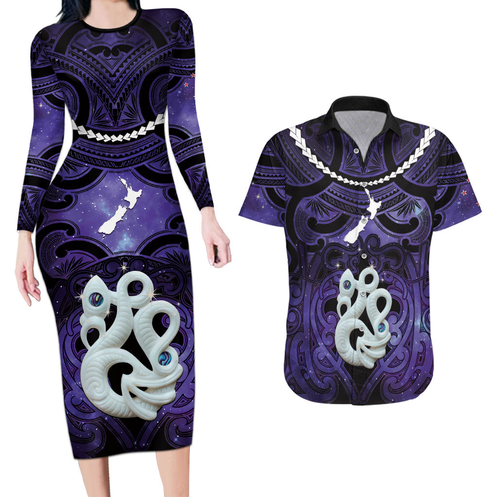 Personalised Maori Matariki Manaia Waiporoporo Couples Matching Long Sleeve Bodycon Dress and Hawaiian Shirt Maori Kowhaiwhai Pattern Galaxy