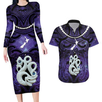 Personalised Maori Matariki Manaia Waiporoporo Couples Matching Long Sleeve Bodycon Dress and Hawaiian Shirt Maori Kowhaiwhai Pattern Galaxy
