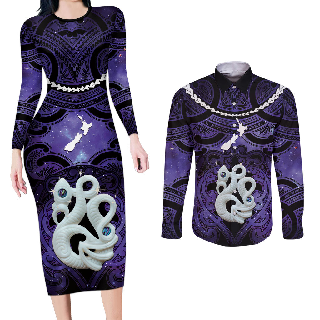 Personalised Maori Matariki Manaia Waiporoporo Couples Matching Long Sleeve Bodycon Dress and Long Sleeve Button Shirt Maori Kowhaiwhai Pattern Galaxy