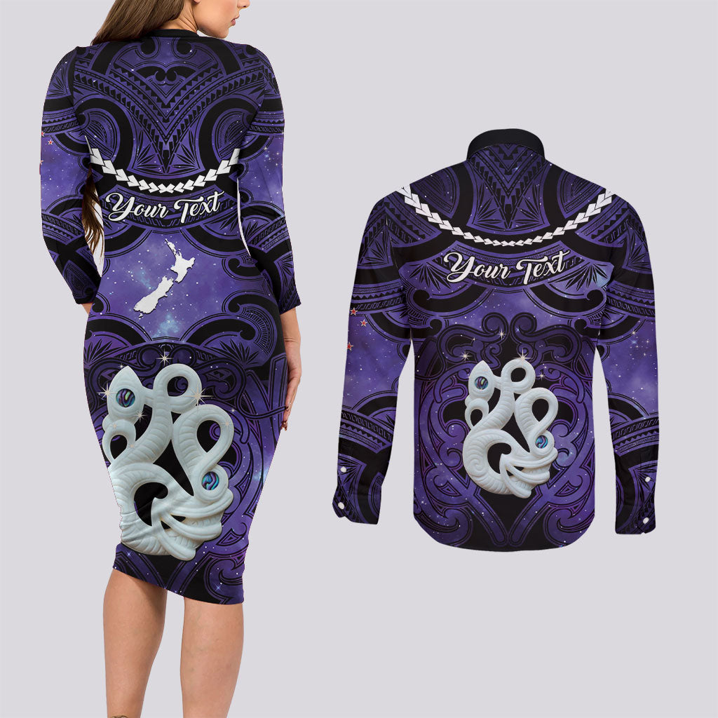 Personalised Maori Matariki Manaia Waiporoporo Couples Matching Long Sleeve Bodycon Dress and Long Sleeve Button Shirt Maori Kowhaiwhai Pattern Galaxy