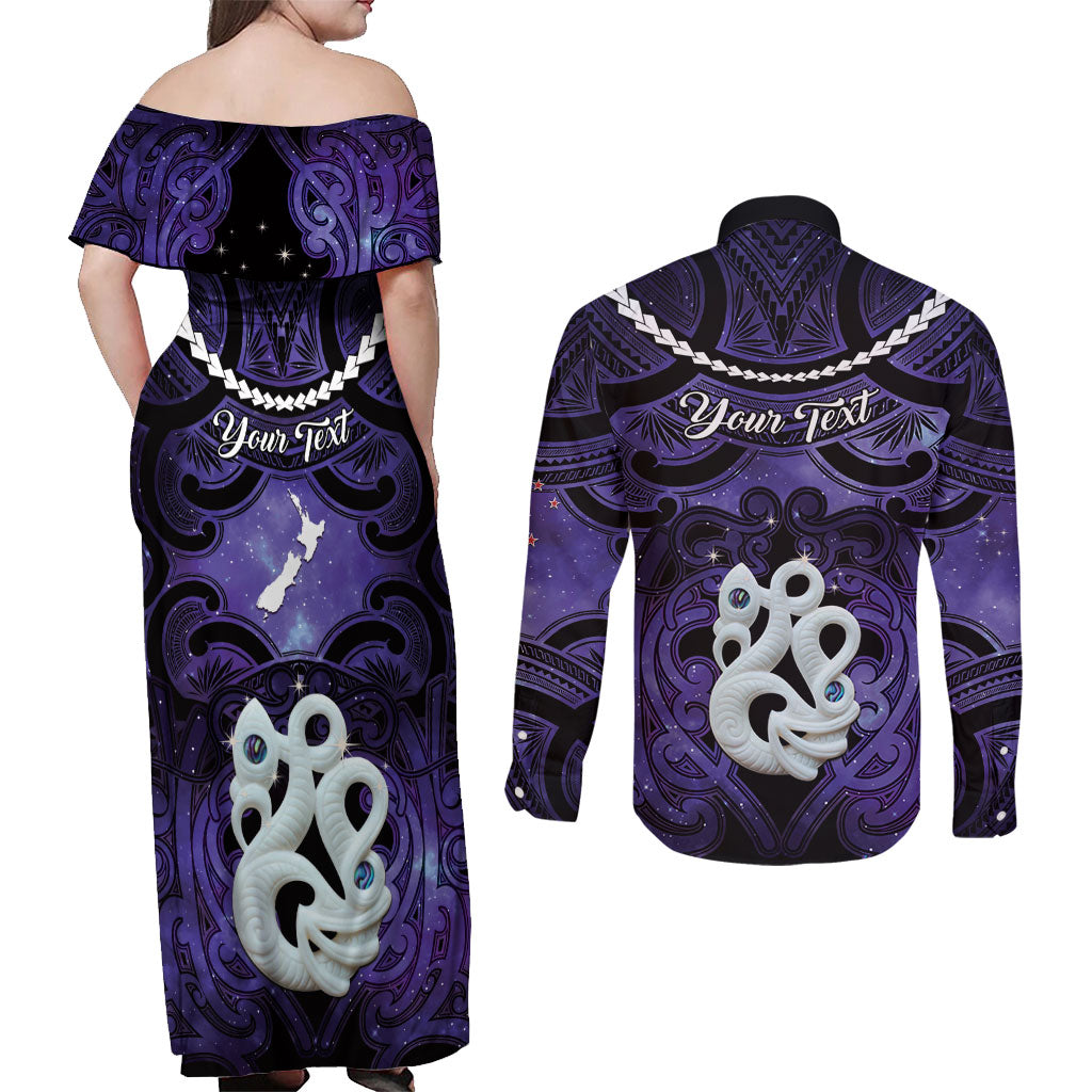 Personalised Maori Matariki Manaia Waiporoporo Couples Matching Off Shoulder Maxi Dress and Long Sleeve Button Shirt Maori Kowhaiwhai Pattern Galaxy