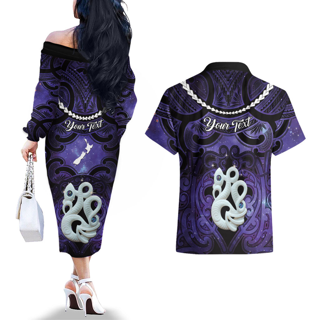 Personalised Maori Matariki Manaia Waiporoporo Couples Matching Off The Shoulder Long Sleeve Dress and Hawaiian Shirt Maori Kowhaiwhai Pattern Galaxy