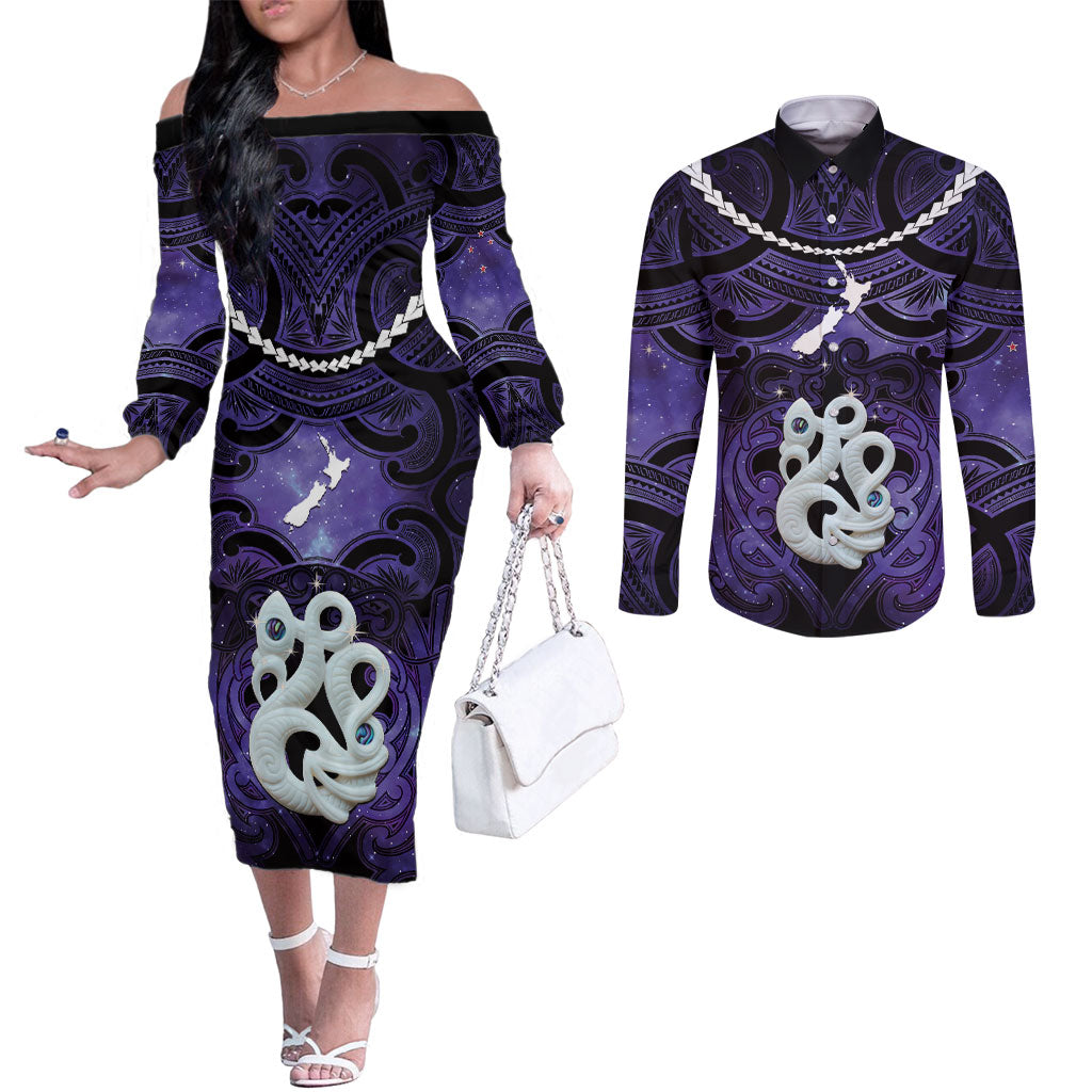 Personalised Maori Matariki Manaia Waiporoporo Couples Matching Off The Shoulder Long Sleeve Dress and Long Sleeve Button Shirt Maori Kowhaiwhai Pattern Galaxy