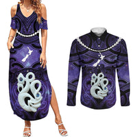 Personalised Maori Matariki Manaia Waiporoporo Couples Matching Summer Maxi Dress and Long Sleeve Button Shirt Maori Kowhaiwhai Pattern Galaxy