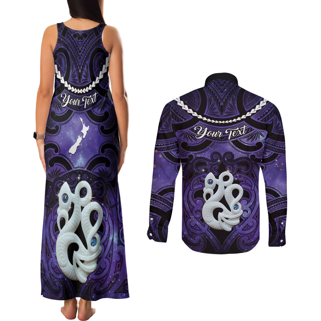 Personalised Maori Matariki Manaia Waiporoporo Couples Matching Tank Maxi Dress and Long Sleeve Button Shirt Maori Kowhaiwhai Pattern Galaxy