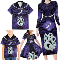 Personalised Maori Matariki Manaia Waiporoporo Family Matching Long Sleeve Bodycon Dress and Hawaiian Shirt Maori Kowhaiwhai Pattern Galaxy