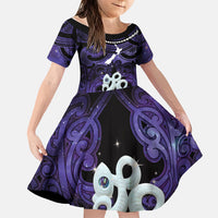 Personalised Maori Matariki Manaia Waiporoporo Family Matching Off The Shoulder Long Sleeve Dress and Hawaiian Shirt Maori Kowhaiwhai Pattern Galaxy