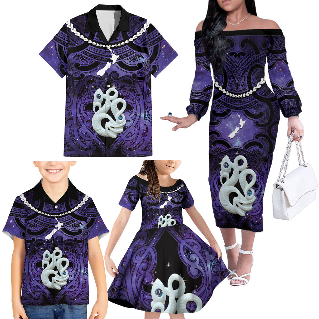 Personalised Maori Matariki Manaia Waiporoporo Family Matching Off The Shoulder Long Sleeve Dress and Hawaiian Shirt Maori Kowhaiwhai Pattern Galaxy