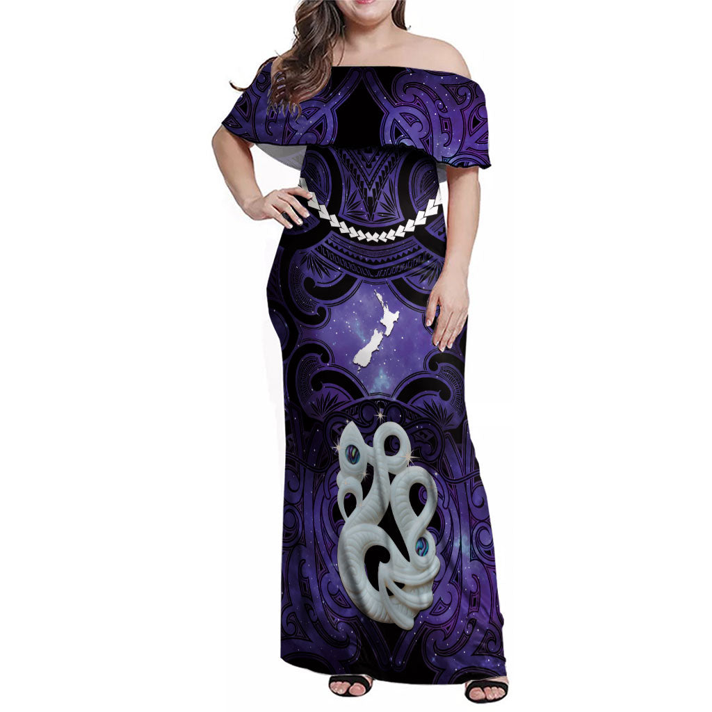 Personalised Maori Matariki Manaia Waiporoporo Family Matching Off Shoulder Maxi Dress and Hawaiian Shirt Maori Kowhaiwhai Pattern Galaxy