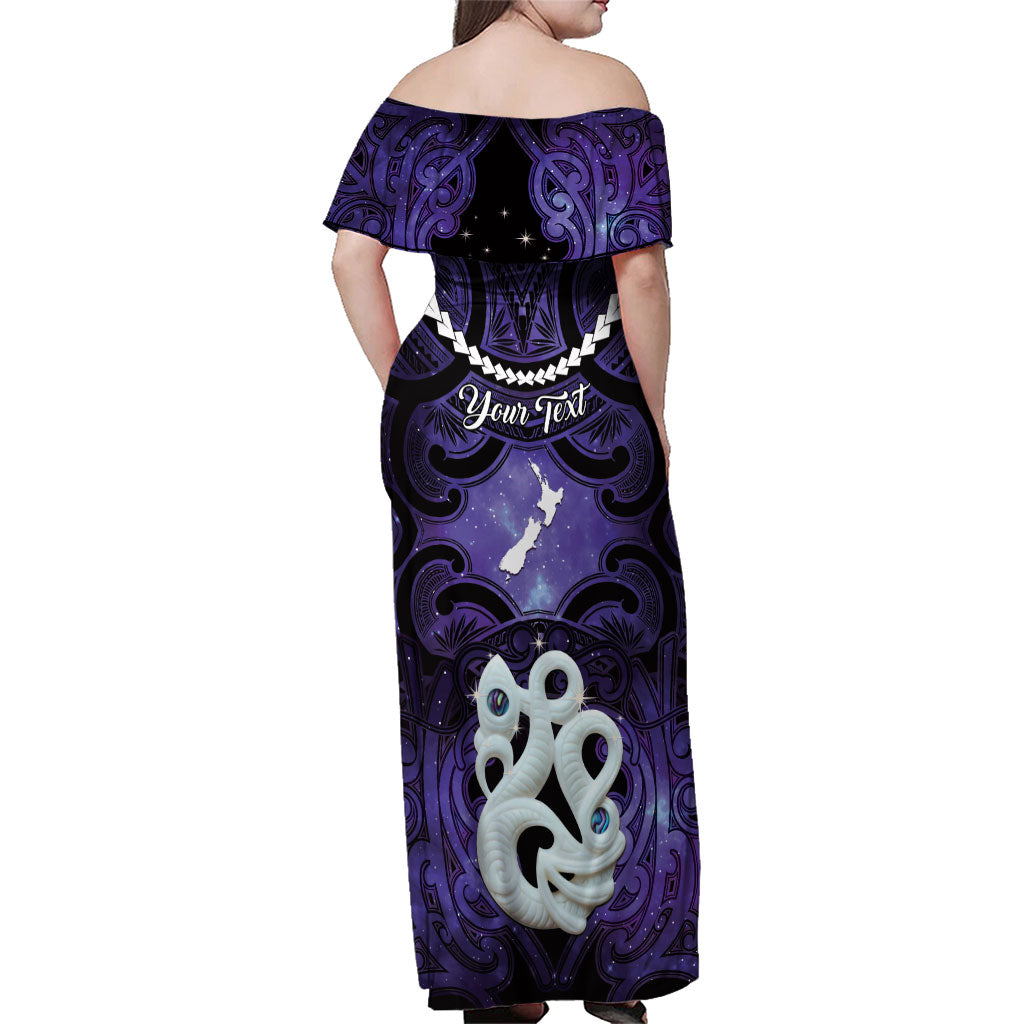 Personalised Maori Matariki Manaia Waiporoporo Family Matching Off Shoulder Maxi Dress and Hawaiian Shirt Maori Kowhaiwhai Pattern Galaxy