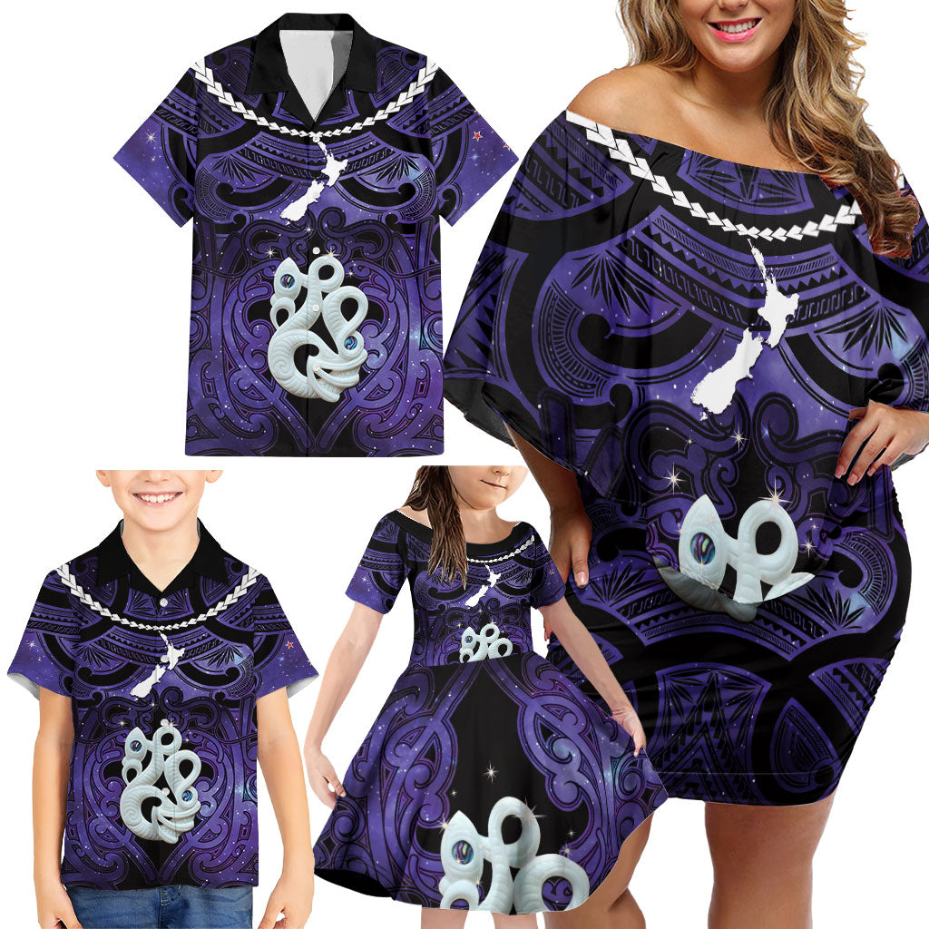 Personalised Maori Matariki Manaia Waiporoporo Family Matching Off Shoulder Short Dress and Hawaiian Shirt Maori Kowhaiwhai Pattern Galaxy