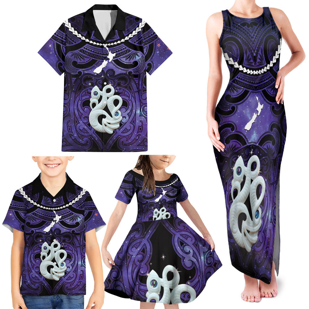 Personalised Maori Matariki Manaia Waiporoporo Family Matching Tank Maxi Dress and Hawaiian Shirt Maori Kowhaiwhai Pattern Galaxy