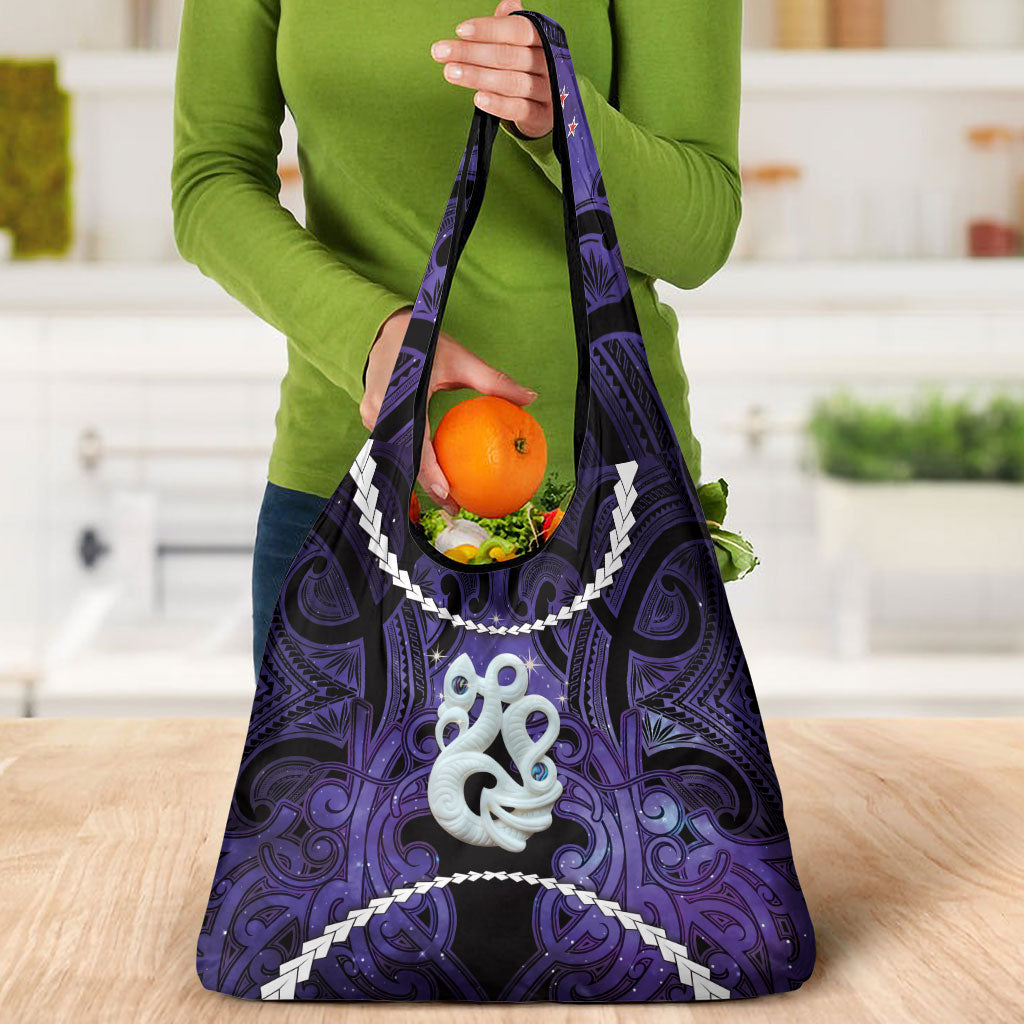 Maori Matariki Manaia Waiporoporo Grocery Bag Maori Kowhaiwhai Pattern Galaxy