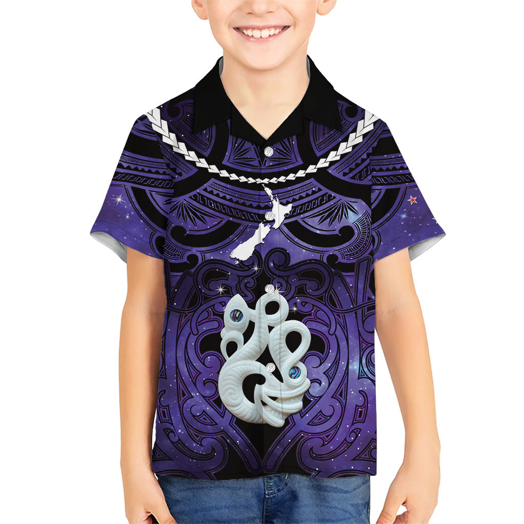 Personalised Maori Matariki Manaia Waiporoporo Kid Hawaiian Shirt Maori Kowhaiwhai Pattern Galaxy LT01 Kid Purple - Polynesian Pride