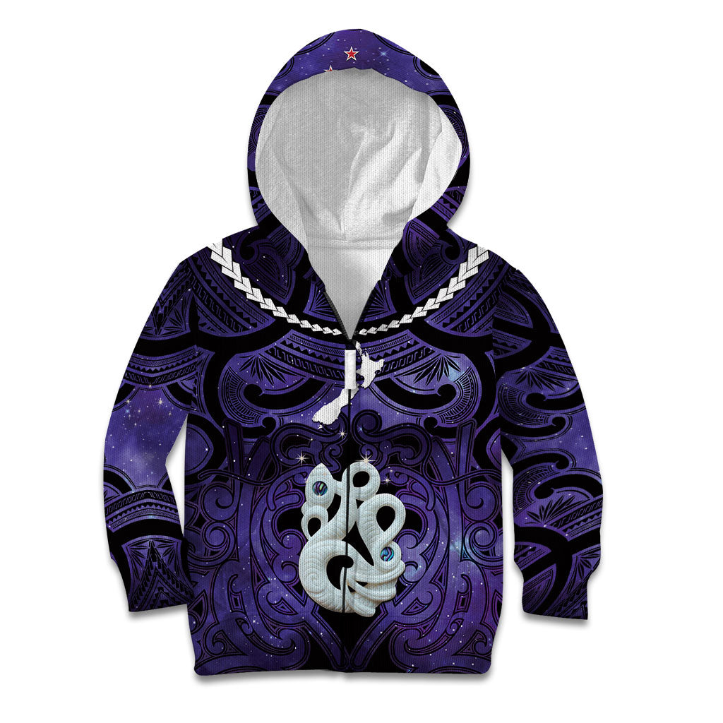 Personalised Maori Matariki Manaia Waiporoporo Kid Hoodie Maori Kowhaiwhai Pattern Galaxy LT01 Zip Hoodie Purple - Polynesian Pride
