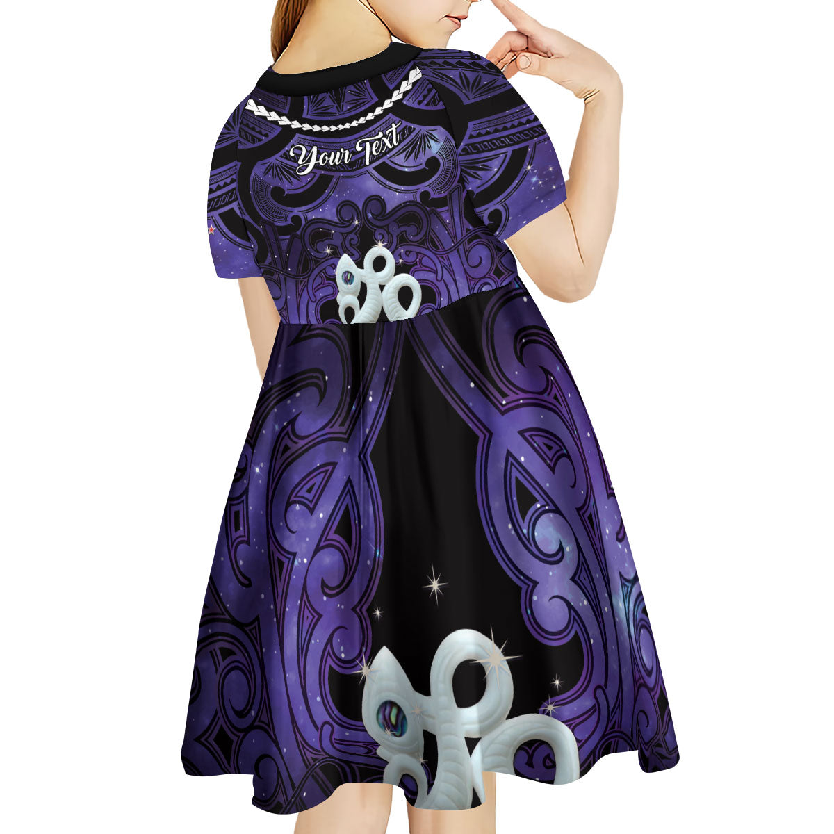 Personalised Maori Matariki Manaia Waiporoporo Kid Short Sleeve Dress Maori Kowhaiwhai Pattern Galaxy