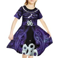 Personalised Maori Matariki Manaia Waiporoporo Kid Short Sleeve Dress Maori Kowhaiwhai Pattern Galaxy