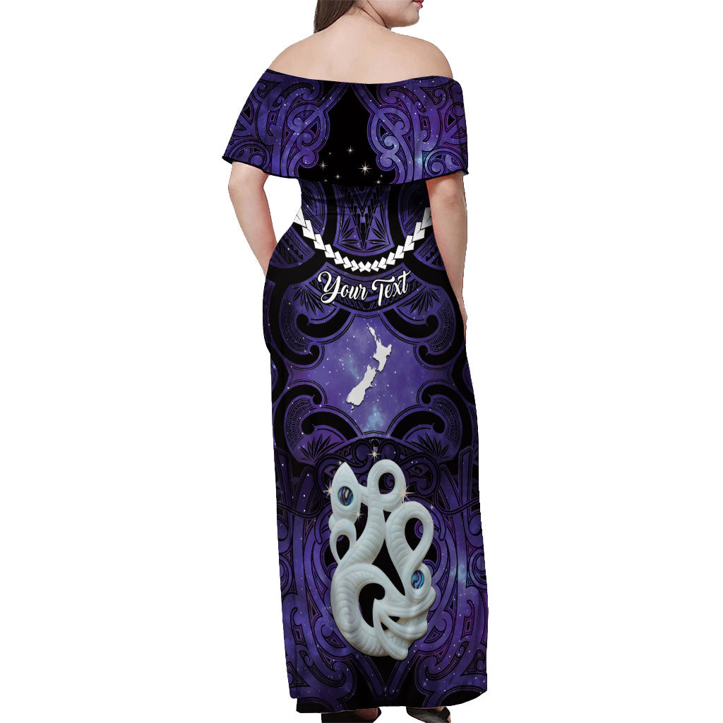 Personalised Maori Matariki Manaia Waiporoporo Off Shoulder Maxi Dress Maori Kowhaiwhai Pattern Galaxy