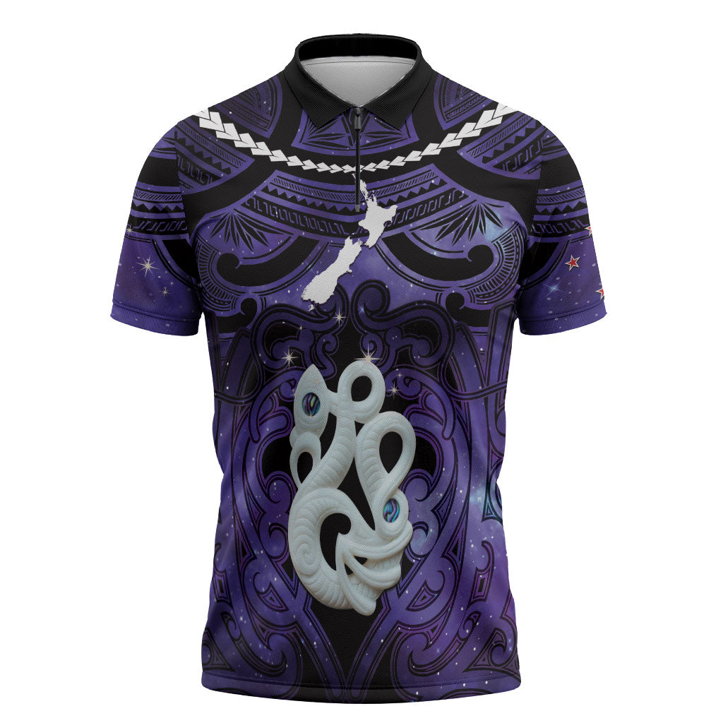Personalised Maori Matariki Manaia Waiporoporo Zipper Polo Shirt Maori Kowhaiwhai Pattern Galaxy LT01 Purple - Polynesian Pride