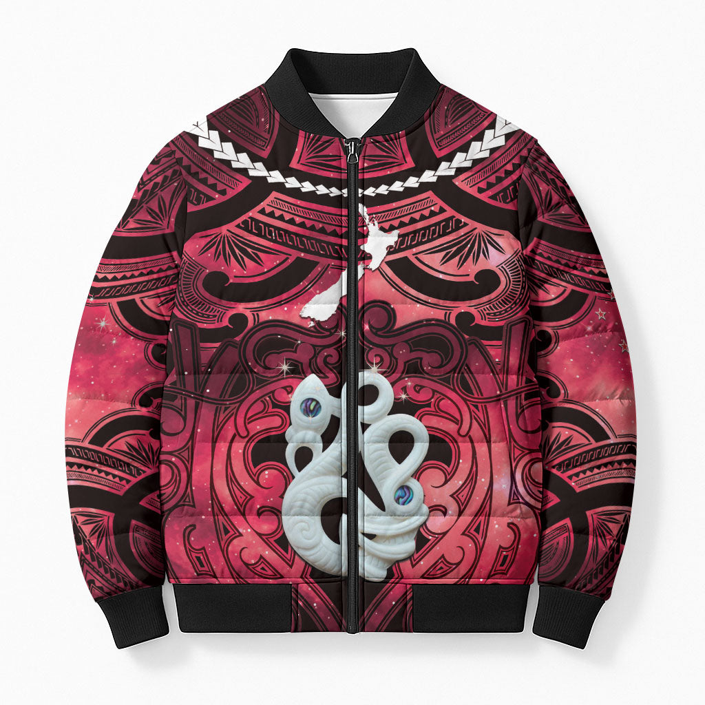 Personalised Maori Matariki Manaia Whero Bomber Puffer Jacket Maori Kowhaiwhai Pattern Galaxy