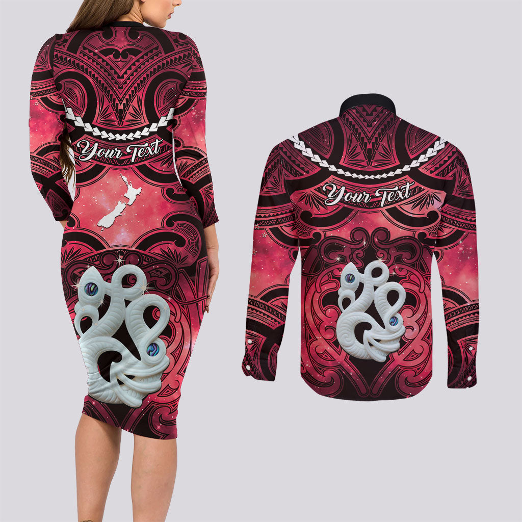 Personalised Maori Matariki Manaia Whero Couples Matching Long Sleeve Bodycon Dress and Long Sleeve Button Shirt Maori Kowhaiwhai Pattern Galaxy