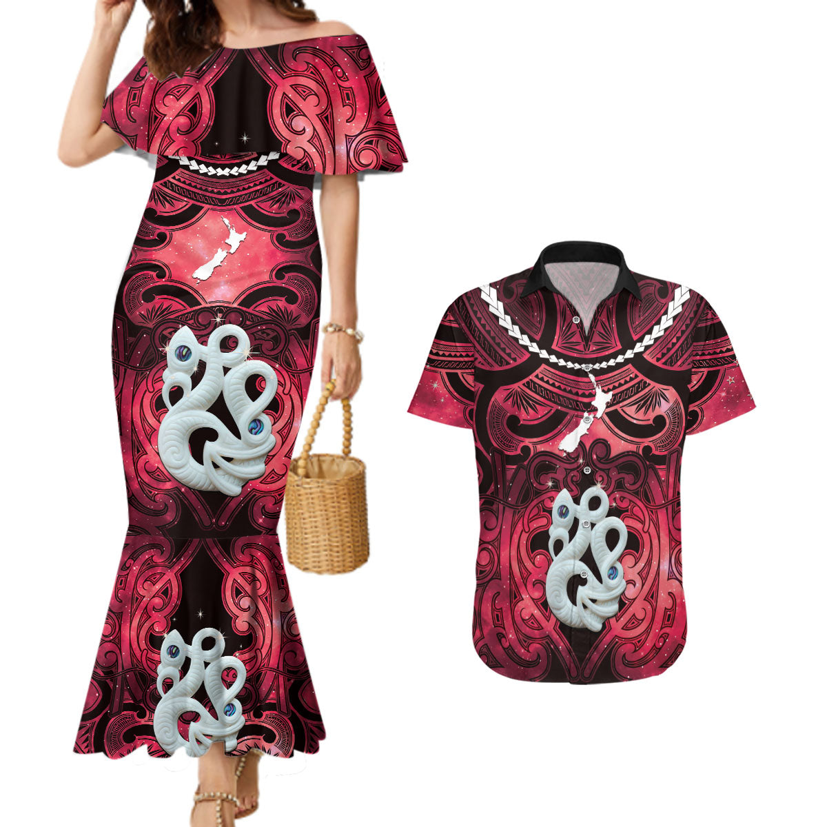 Personalised Maori Matariki Manaia Whero Couples Matching Mermaid Dress and Hawaiian Shirt Maori Kowhaiwhai Pattern Galaxy