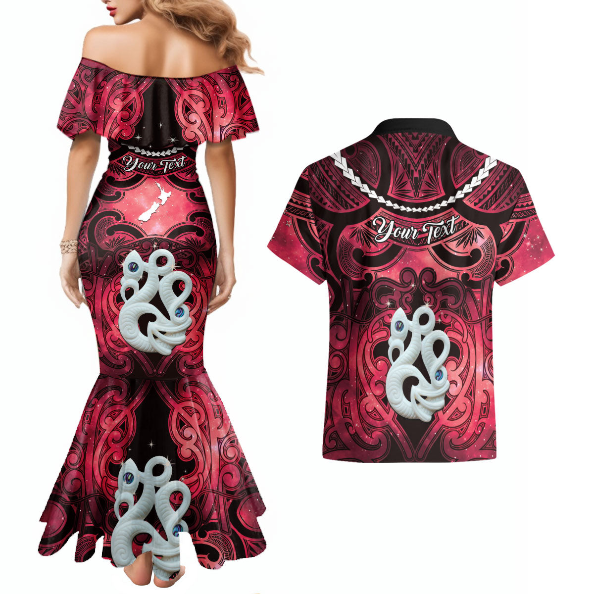 Personalised Maori Matariki Manaia Whero Couples Matching Mermaid Dress and Hawaiian Shirt Maori Kowhaiwhai Pattern Galaxy