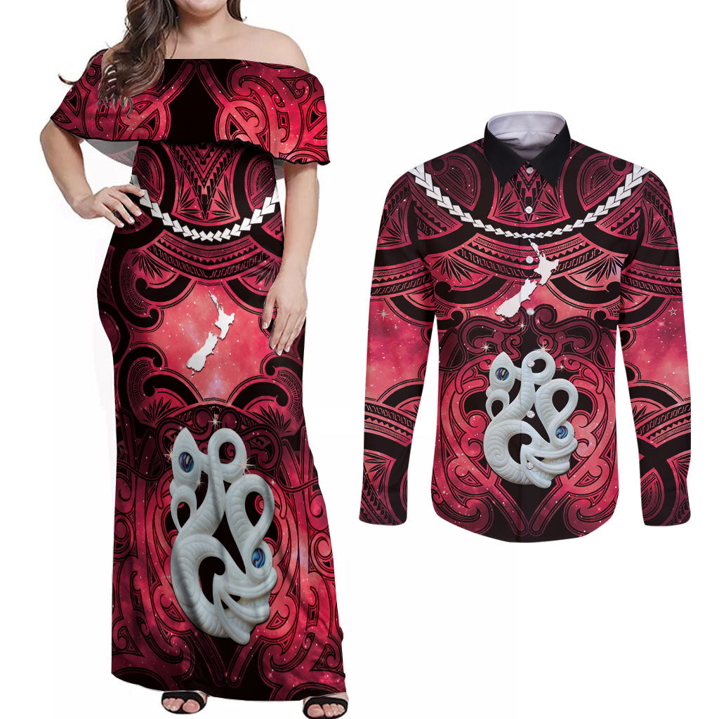 Personalised Maori Matariki Manaia Whero Couples Matching Off Shoulder Maxi Dress and Long Sleeve Button Shirt Maori Kowhaiwhai Pattern Galaxy