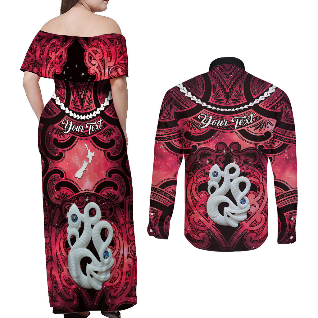 Personalised Maori Matariki Manaia Whero Couples Matching Off Shoulder Maxi Dress and Long Sleeve Button Shirt Maori Kowhaiwhai Pattern Galaxy
