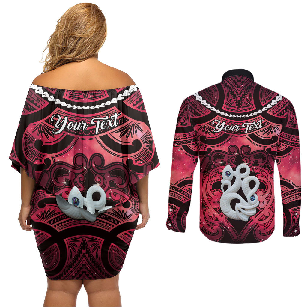 Personalised Maori Matariki Manaia Whero Couples Matching Off Shoulder Short Dress and Long Sleeve Button Shirt Maori Kowhaiwhai Pattern Galaxy